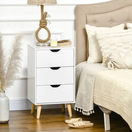 Modern Nightstand, 3 Drawers, Wood Legs, White