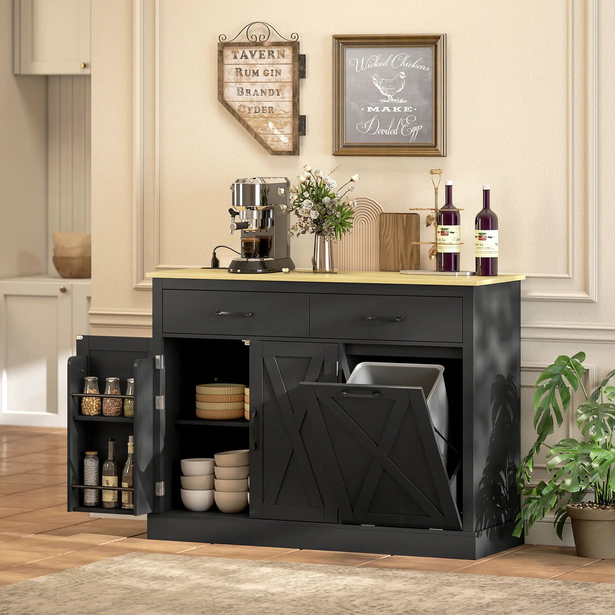 7 Gallon Tilt Out Garbage Cabinet, Kitchen Island With Charging Station, Black Storage Cabinets at Gallery Canada