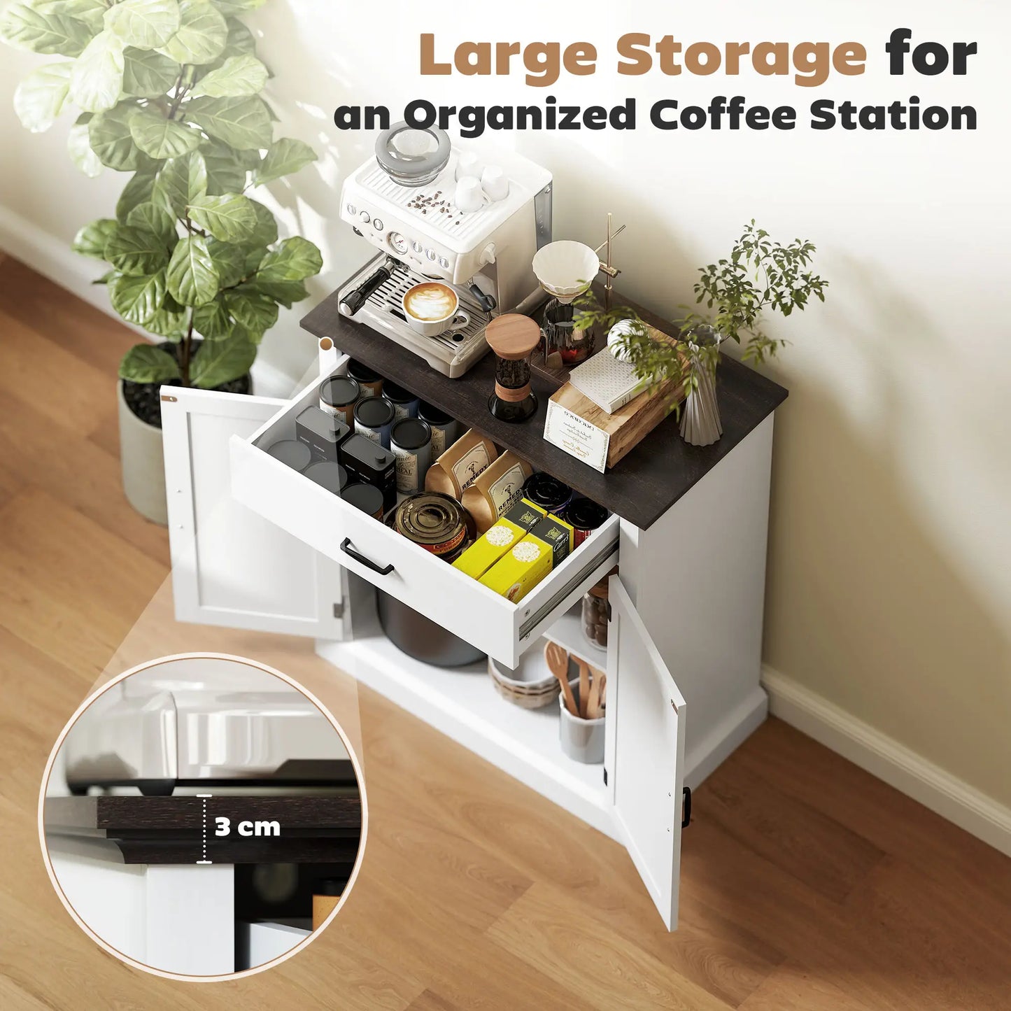 Buffet latéral moderne, 2 portes, étagère réglable, blanc