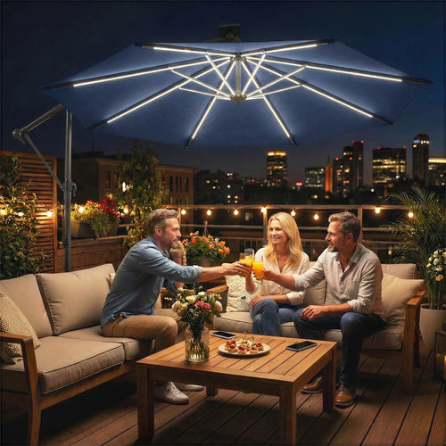10 ft Offset Patio Umbrella, Solar Light, 360° Rotation, Tilt, Cover, Navy Blue