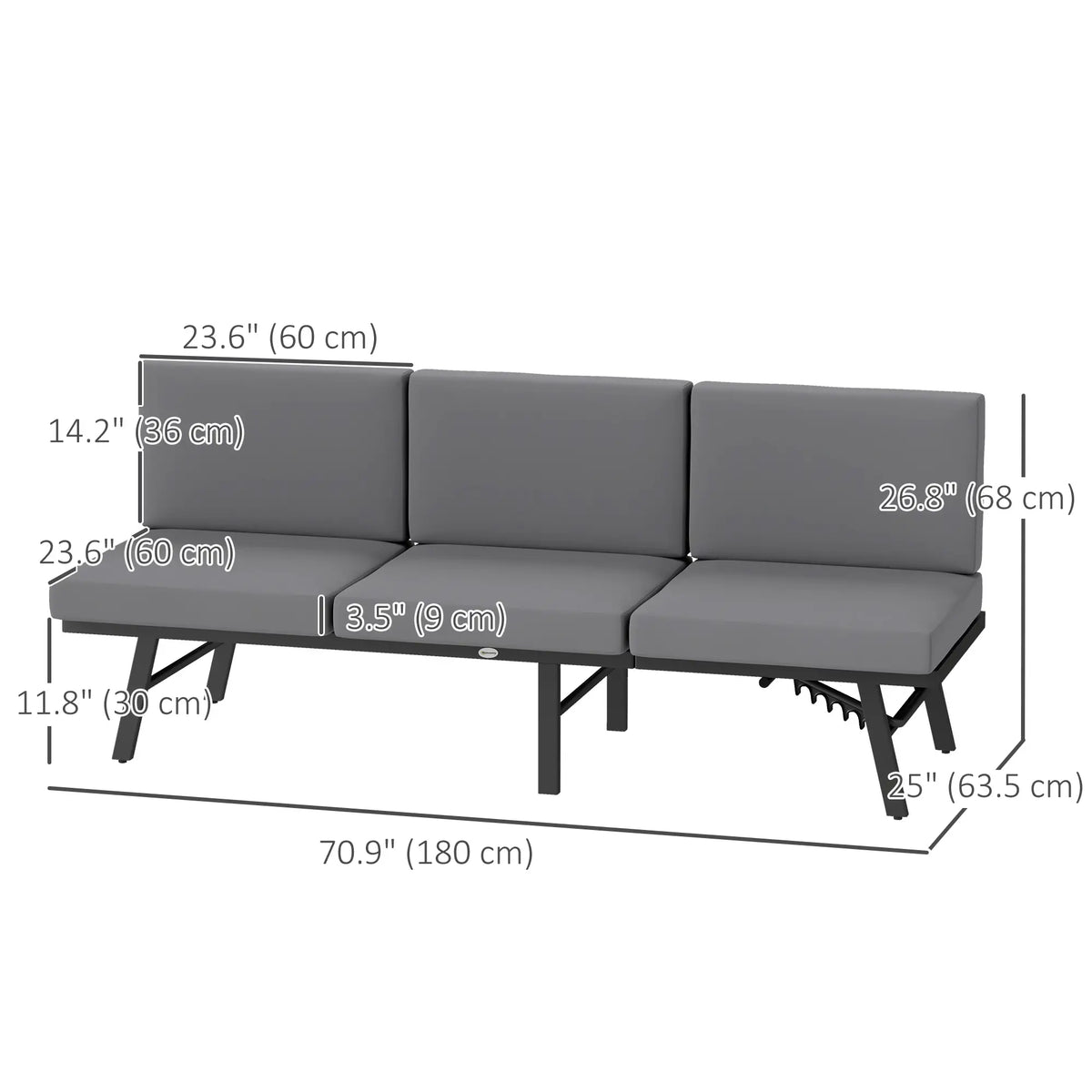 3-en-1 Canapé d'extérieur 3 places, Chaise longue, Canapé d'extérieur avec table, Gris