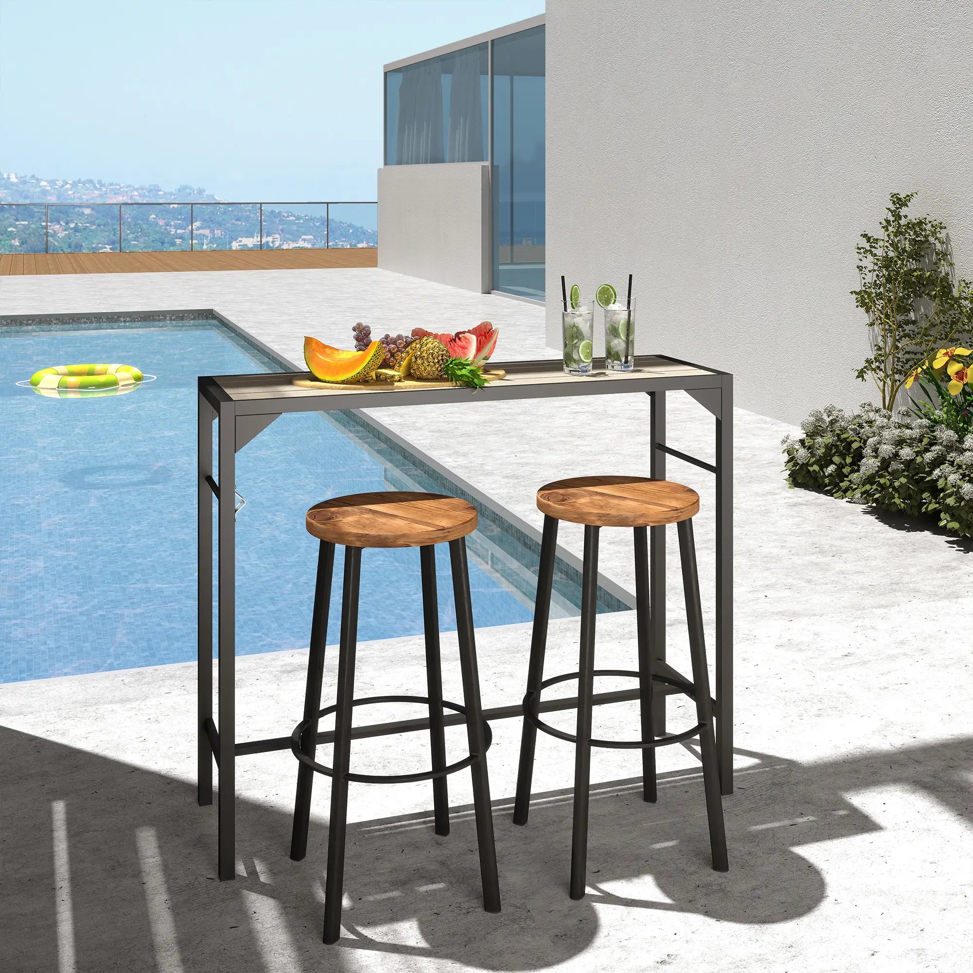 Bar Height Outdoor Table with Built-In Bottle Opener, Patio Bar Table with Wood Grain Plastic Top, 47.2