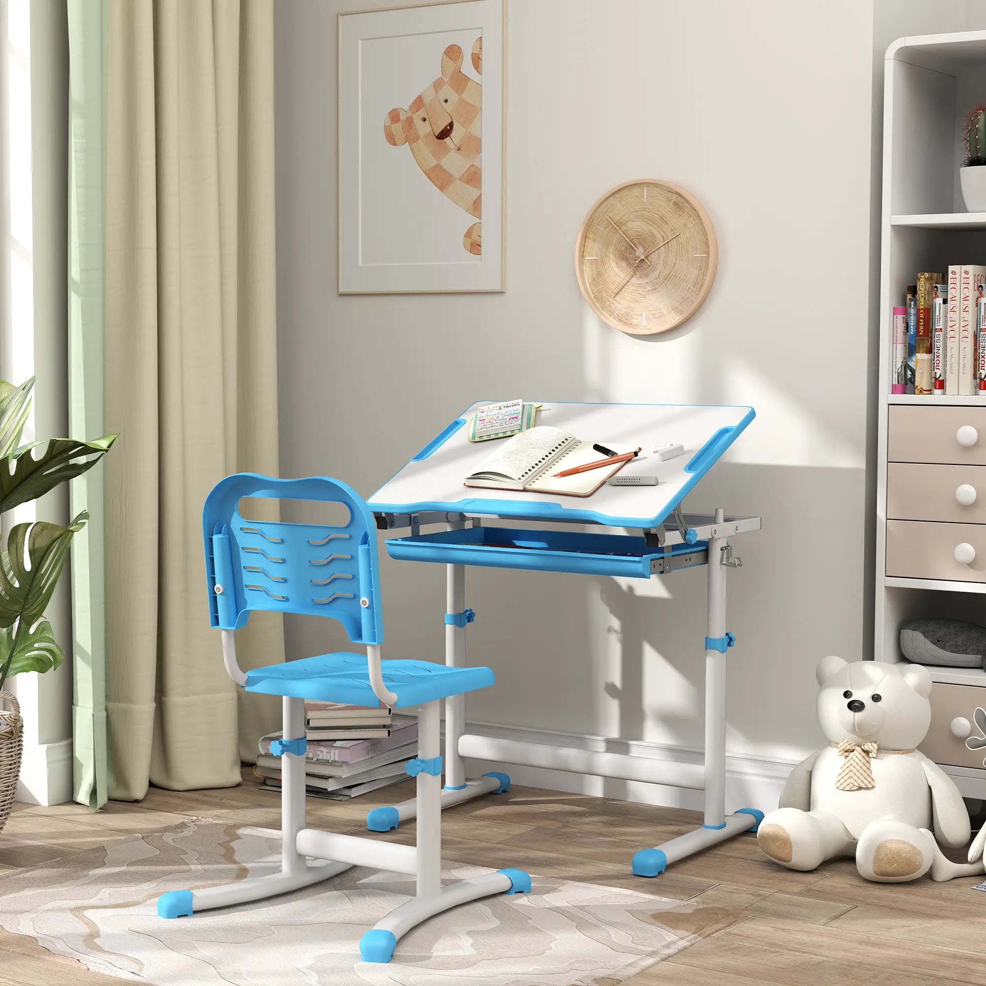 Adjustable Study Table, Chair Set with Drawer, Blue Kids Desk Sets at Gallery Canada
