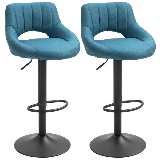 Bar Stools Set of 2, Swivel Counter Height Barstools with Adjustable Height, Linen Upholstered Bar Chairs with Round Metal Base and Footrest, Blue - Gallery Canada