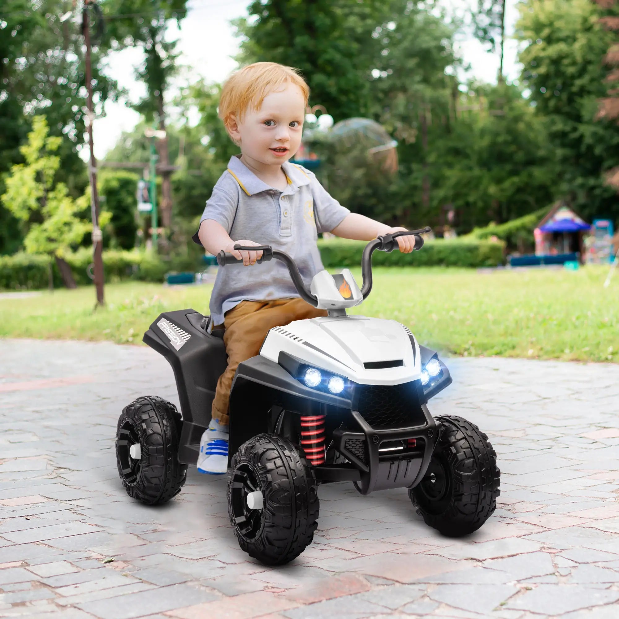 12V Kids ATV, Four Wheels, Spring Suspension, LED Light, MP3, White Electric Ride On Toys at Gallery Canada