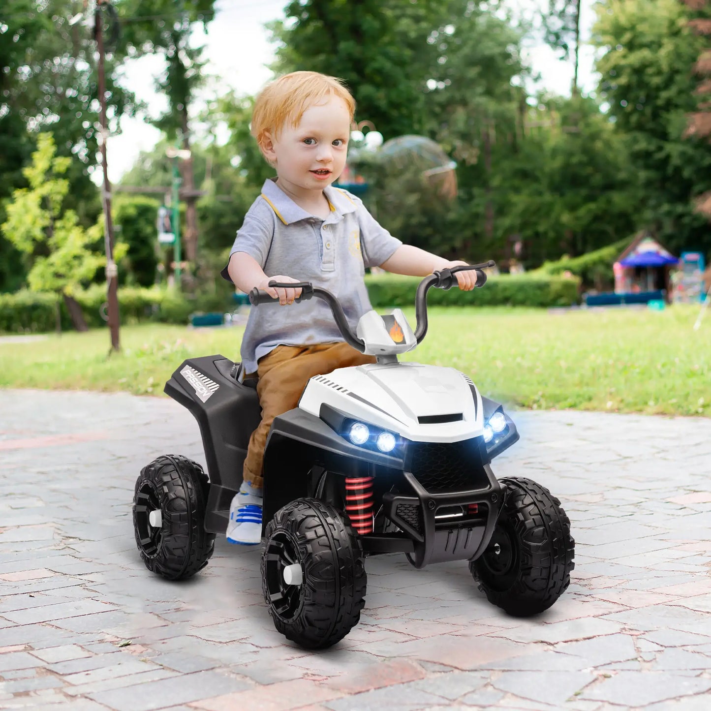 12V Kids ATV, Four Wheels, Spring Suspension, LED Light, MP3, White Electric Ride On Toys at Gallery Canada