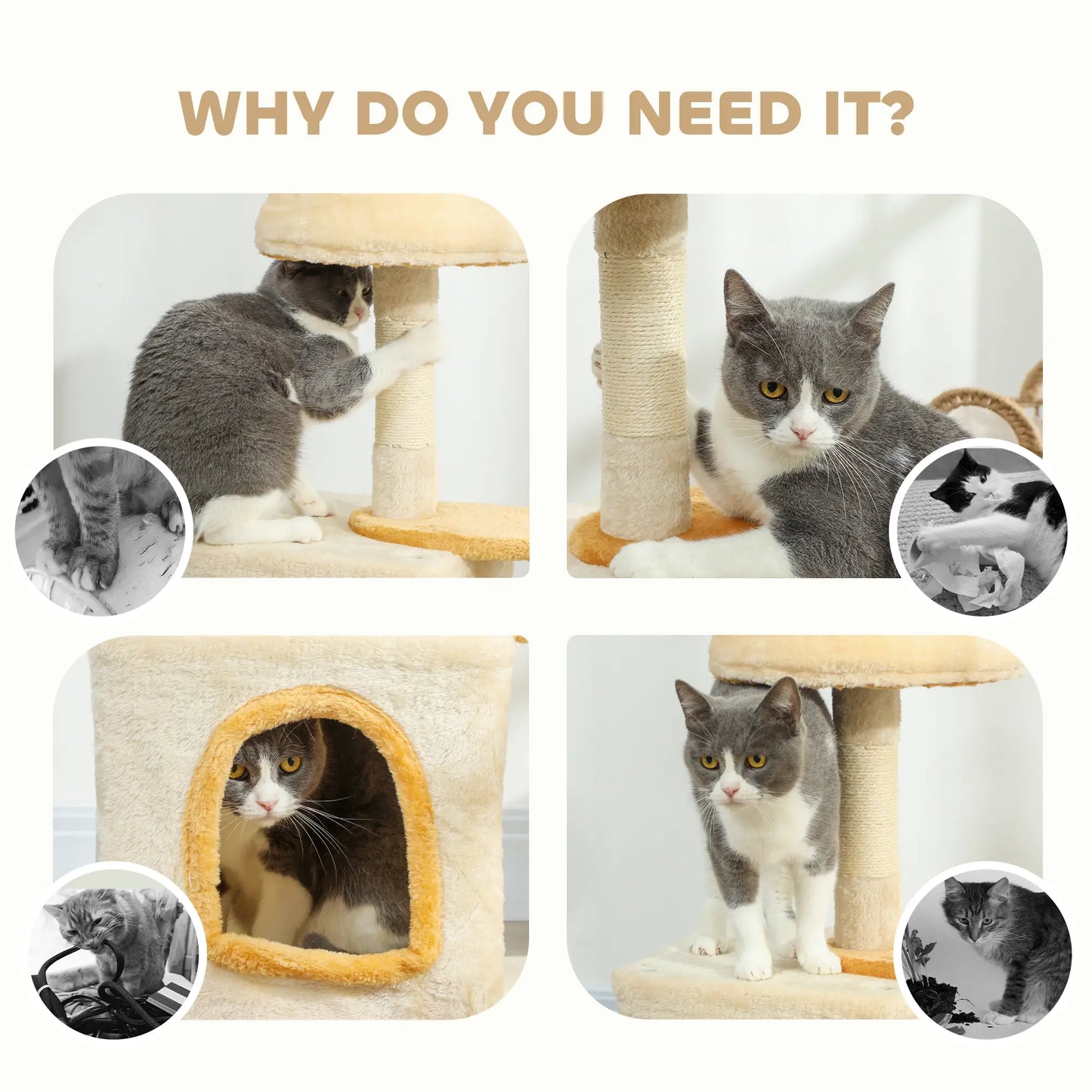 28 Inch Cat Tree Tower with Plush Bed, Condo, Sisal Post, Perch, Dangling Ball, Beige and Yellow Cat Posts at Gallery Canada