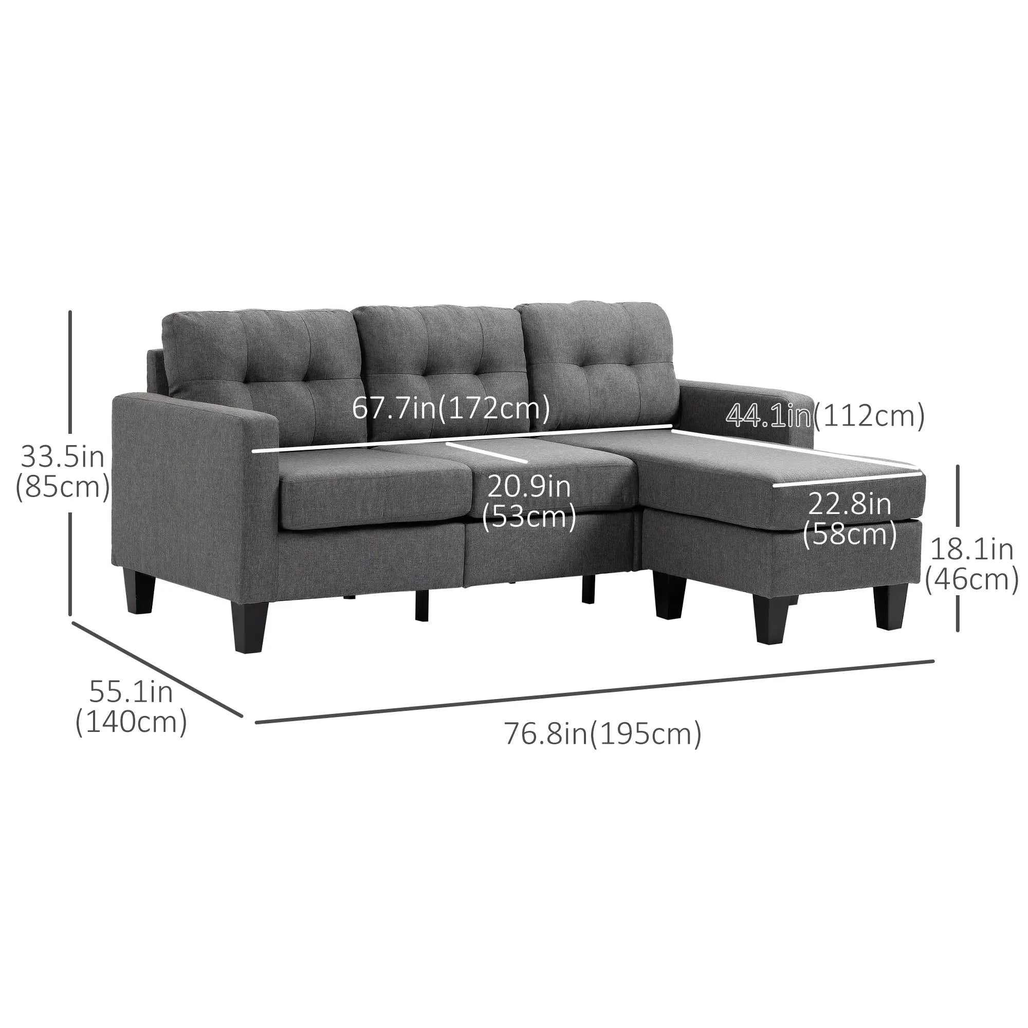 L-Shaped Sofa, 3 Seater with Ottoman, Dark Grey 3-Seater Sofas at Gallery Canada