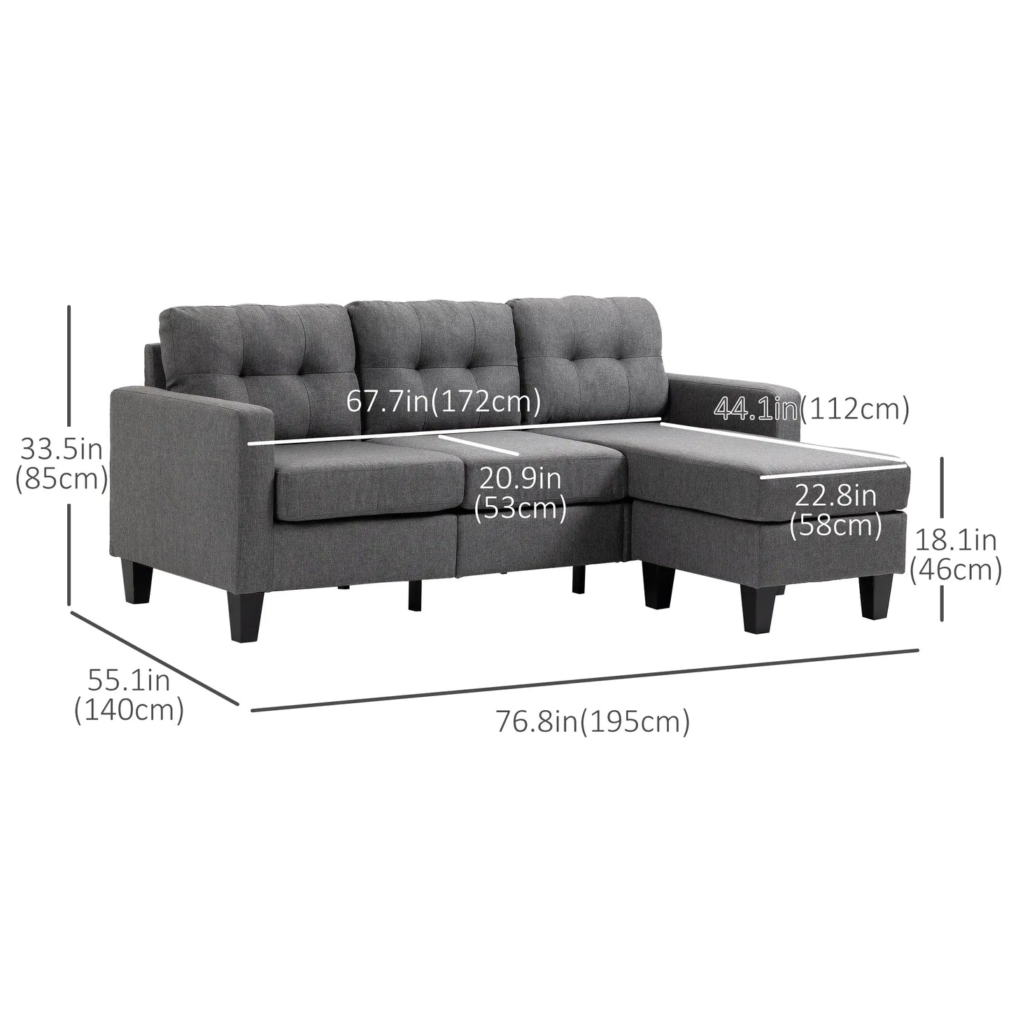L-Shaped Sofa, 3 Seater with Ottoman, Dark Grey 3-Seater Sofas at Gallery Canada