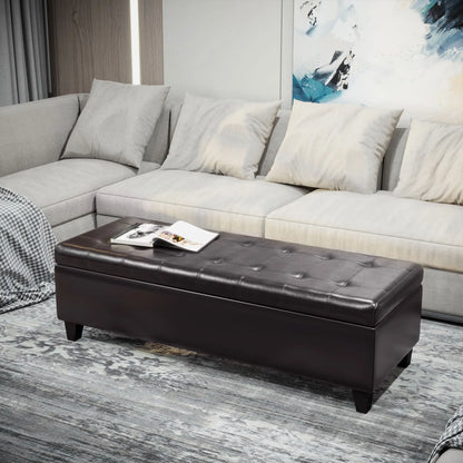 Storage Ottoman Bench, 51 Inches PU Leather, Solid Wood Legs, Brown Storage Ottomans & Benches at Gallery Canada