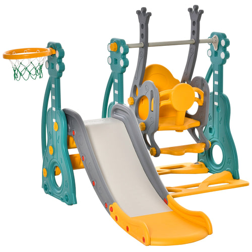4-in-1 Kids Swing and Slide Set with Basketball Hoop and Adjustable Seat Height, Toddler Play Climber Slide Playset for Indoor and Outdoor Playground Activity Center
