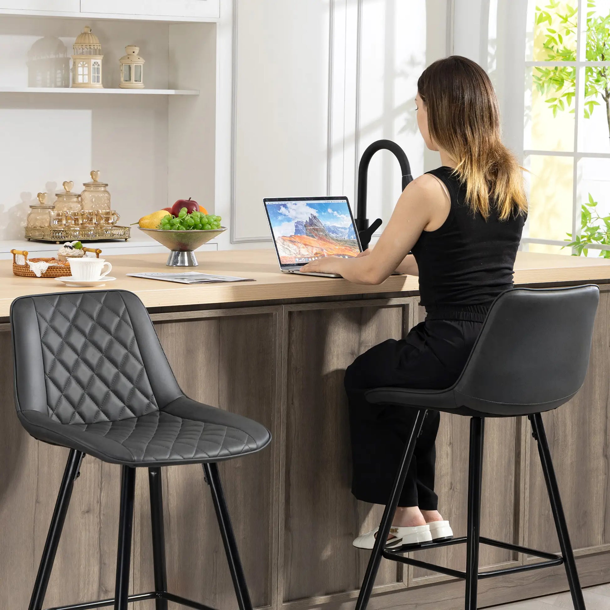 PU Leather Counter Height Bar Chairs Set of 2, 27.75" Bar Stools, Black Bar Stools at Gallery Canada