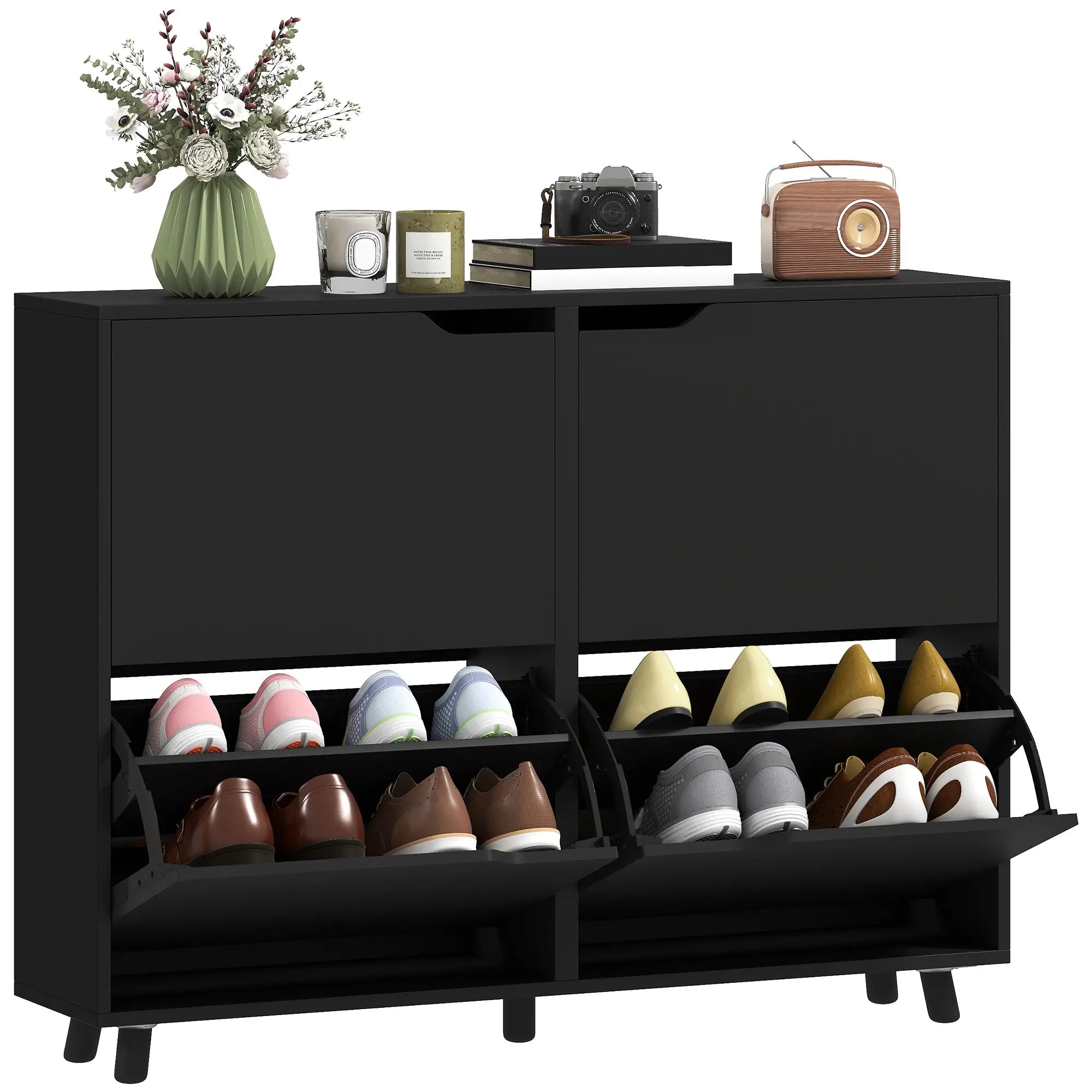 Narrow Shoe Cabinet, 4 Flip Drawers, Adjustable Shelves, 16 Pairs, Black Shoe Storage Cabinets & Racks at Gallery Canada