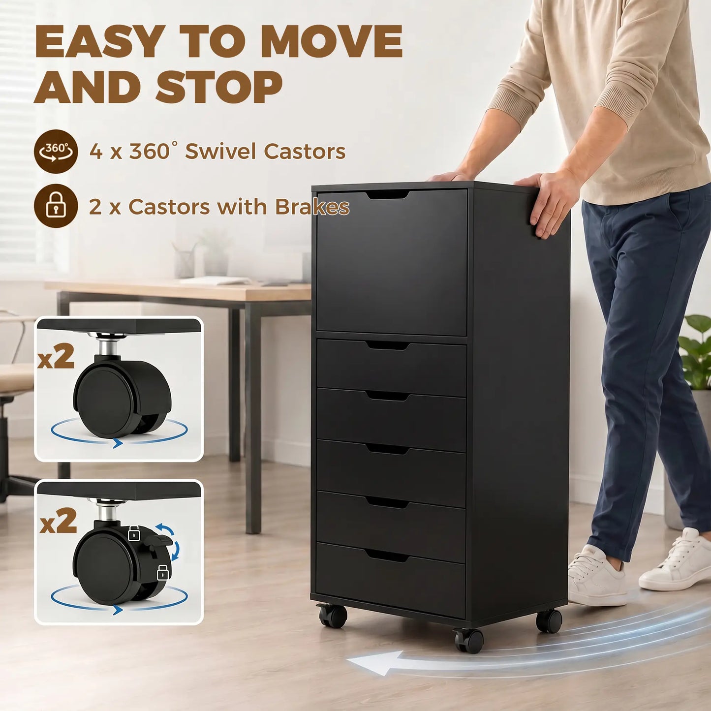 Mobile File Cabinet With 5 Drawers, Black, Black
