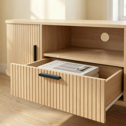 TV Stand for TVs up to 60", Modern Entertainment Center with Curved Sliding Doors and Storage, Natural Wood TV Stands at Gallery Canada