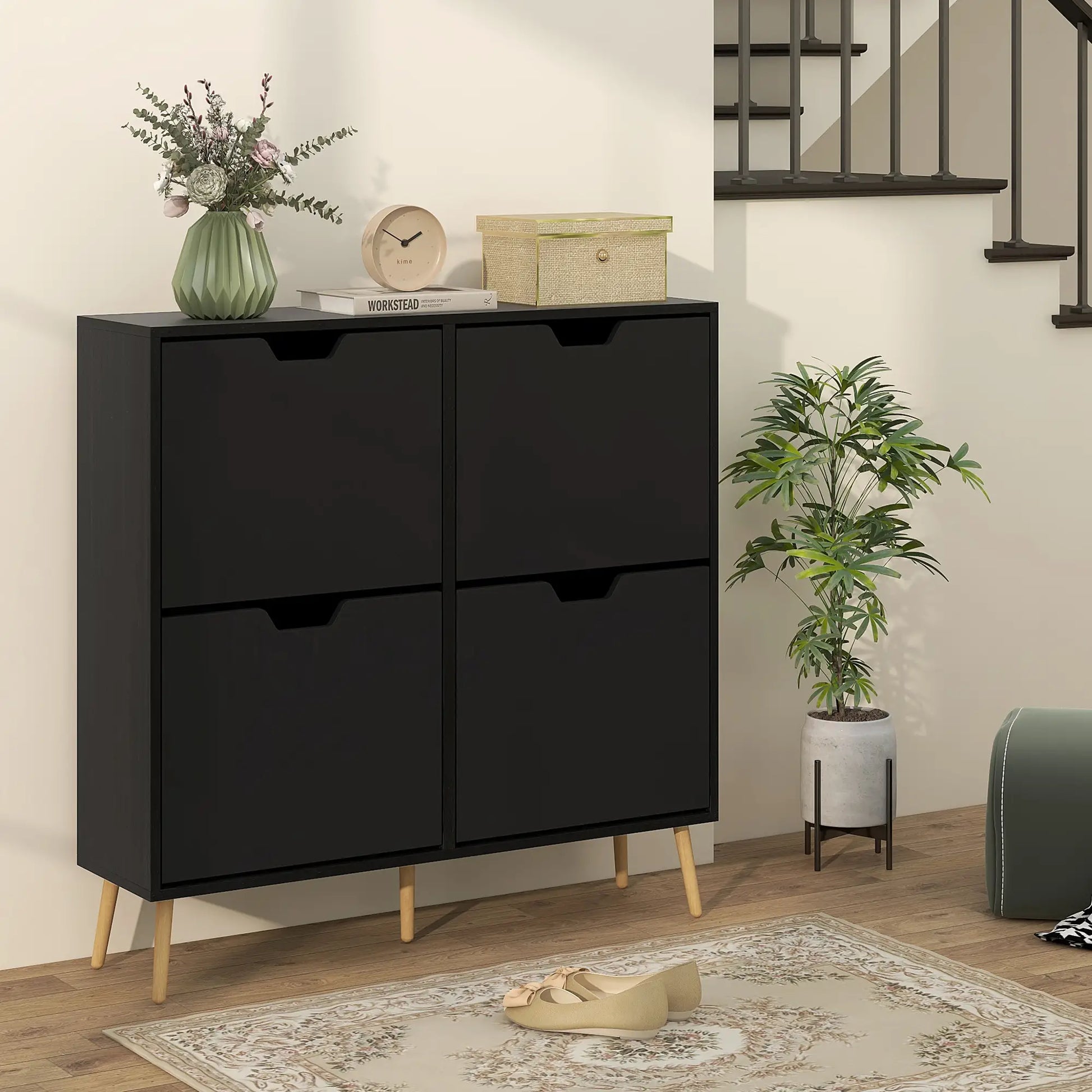 Shoe Storage Cabinet, 4 Flip Drawers, Adjustable Shelf, Holds 8-16 Pairs, Black Shoe Storage Cabinets & Racks at Gallery Canada