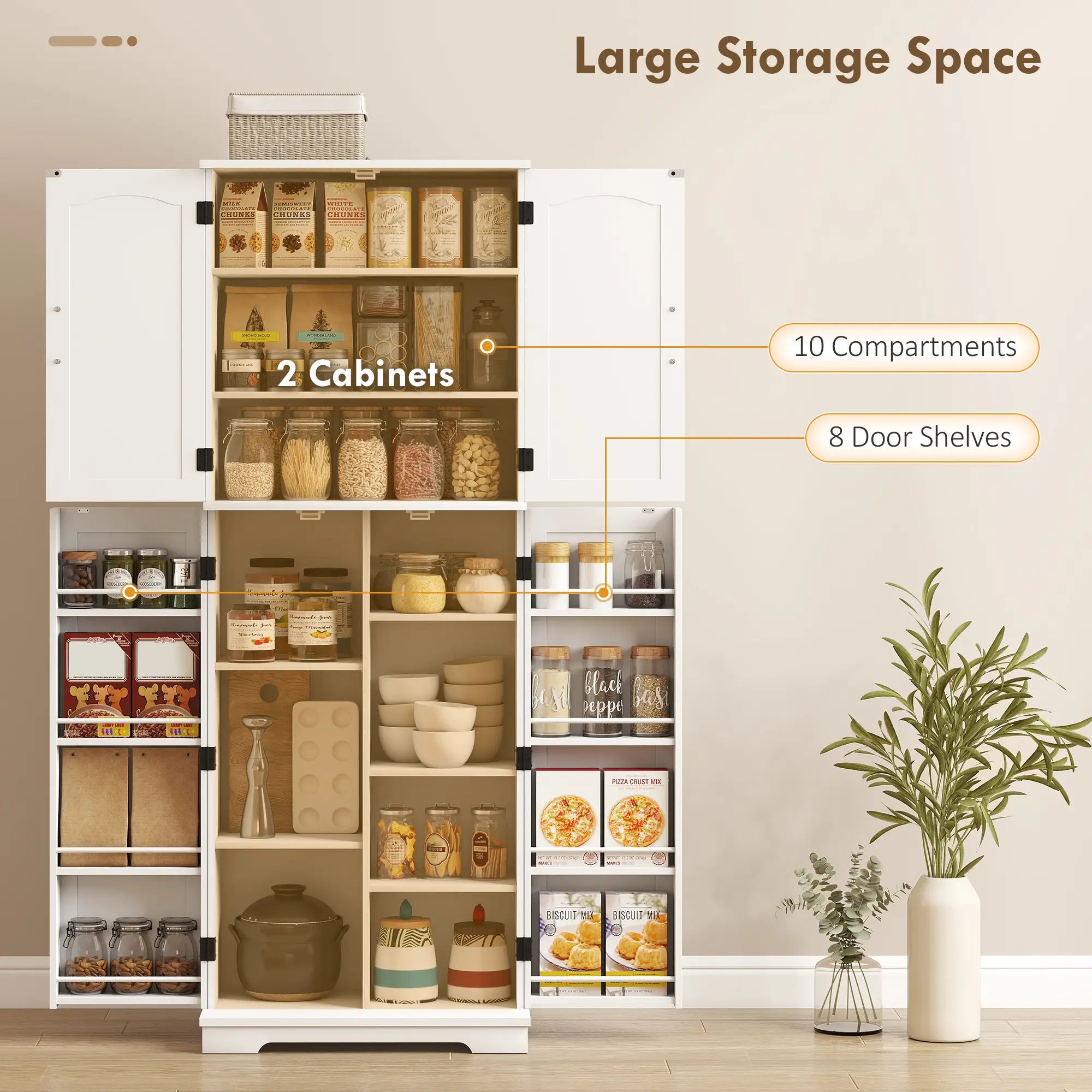 Tall Pantry Cabinet, 64 Inch, Adjustable Shelves, Spice Racks, White Kitchen Pantry Cabinets at Gallery Canada