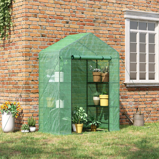 3-Tier Mini Greenhouse, Walk-in Greenhouse, Garden Hot House with 4 Shelves, Roll-Up Door and Weatherized Cover, 56" x 29" x 77", Green - Gallery Canada