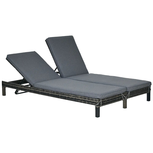 Wicker Double Chaise Lounge, Outdoor Recliner, Rattan Sunbed, Adjustable Backrest, Black, Grey