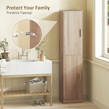 Tall Bathroom Cabinet, Slim 6-Tier Bathroom Floor Cabinet with 2 Doors and 4 Adjustable Shelves, Natural Wood