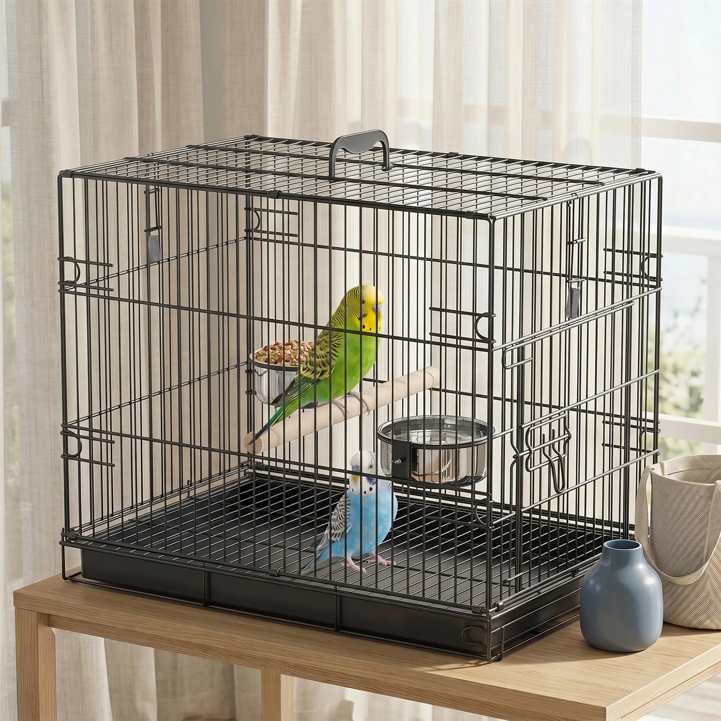 Bird Cage Portable w/ Slide-Out Tray Travel Cage for Parakeets w/ Perch &; Food Bowls Black