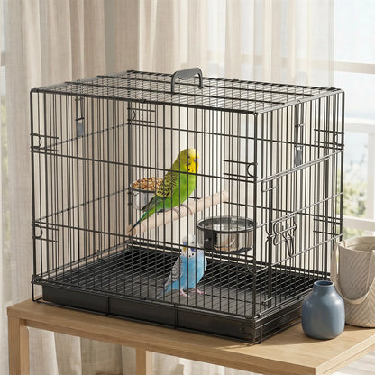 Bird Cage Portable w/ Slide-Out Tray Travel Cage for Parakeets w/ Perch &; Food Bowls Black
