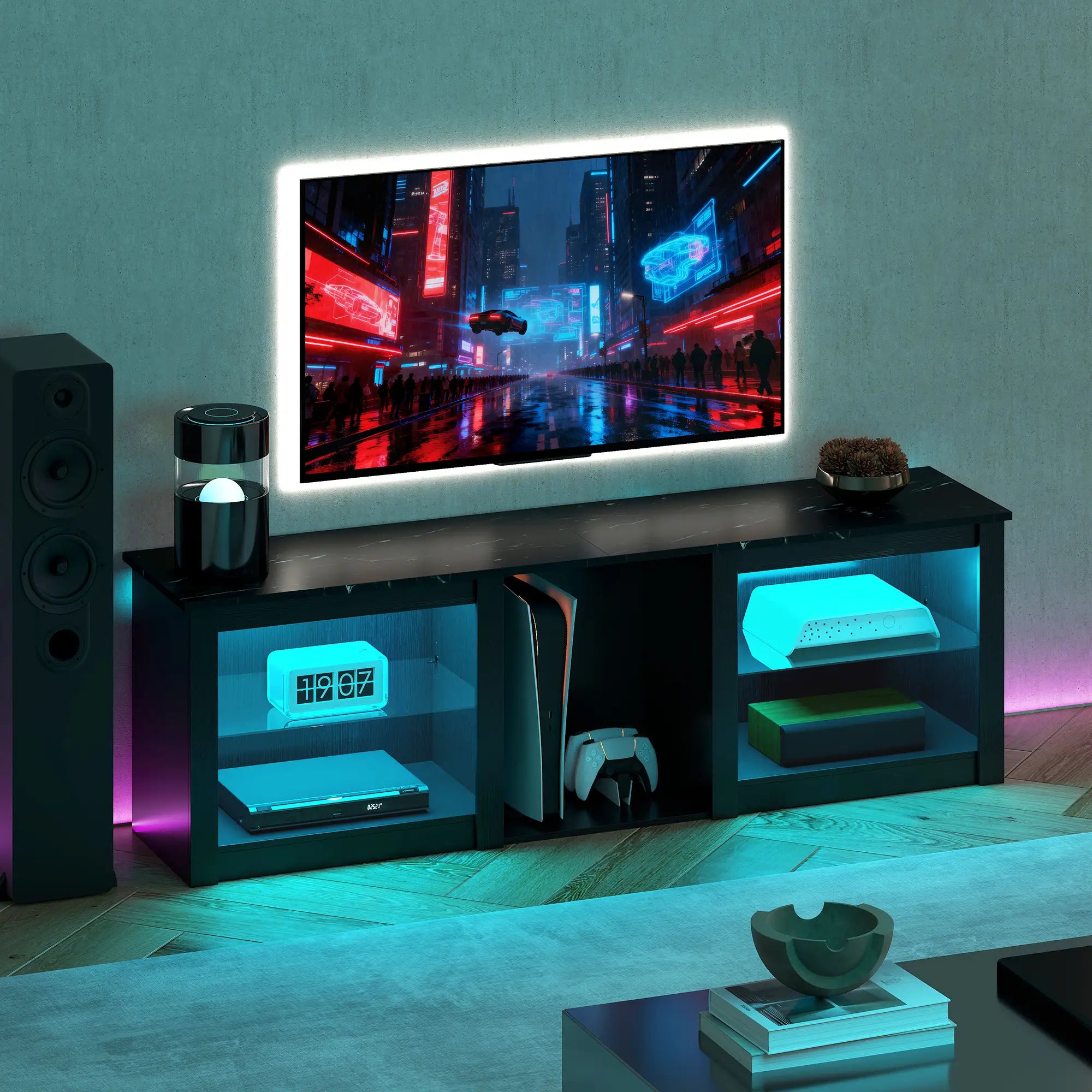 TV Stand With LED Lights, Adjustable Glass Shelves, For 65 Inch TVs, Black TV Stands at Gallery Canada