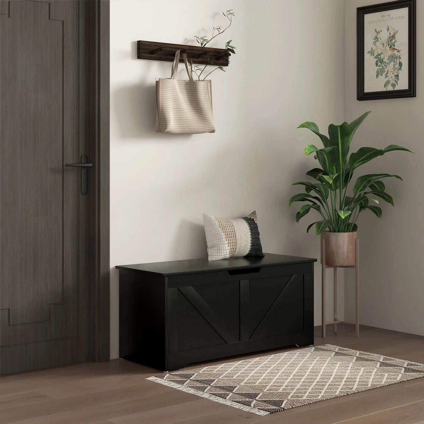 39.4 Inches Storage Chest, Wooden Box with Safety Hinges, Wood Grain, Black Storage Cabinets at Gallery Canada