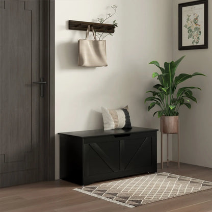 39.4 Inches Storage Chest, Wooden Box with Safety Hinges, Wood Grain, Black Storage Cabinets at Gallery Canada