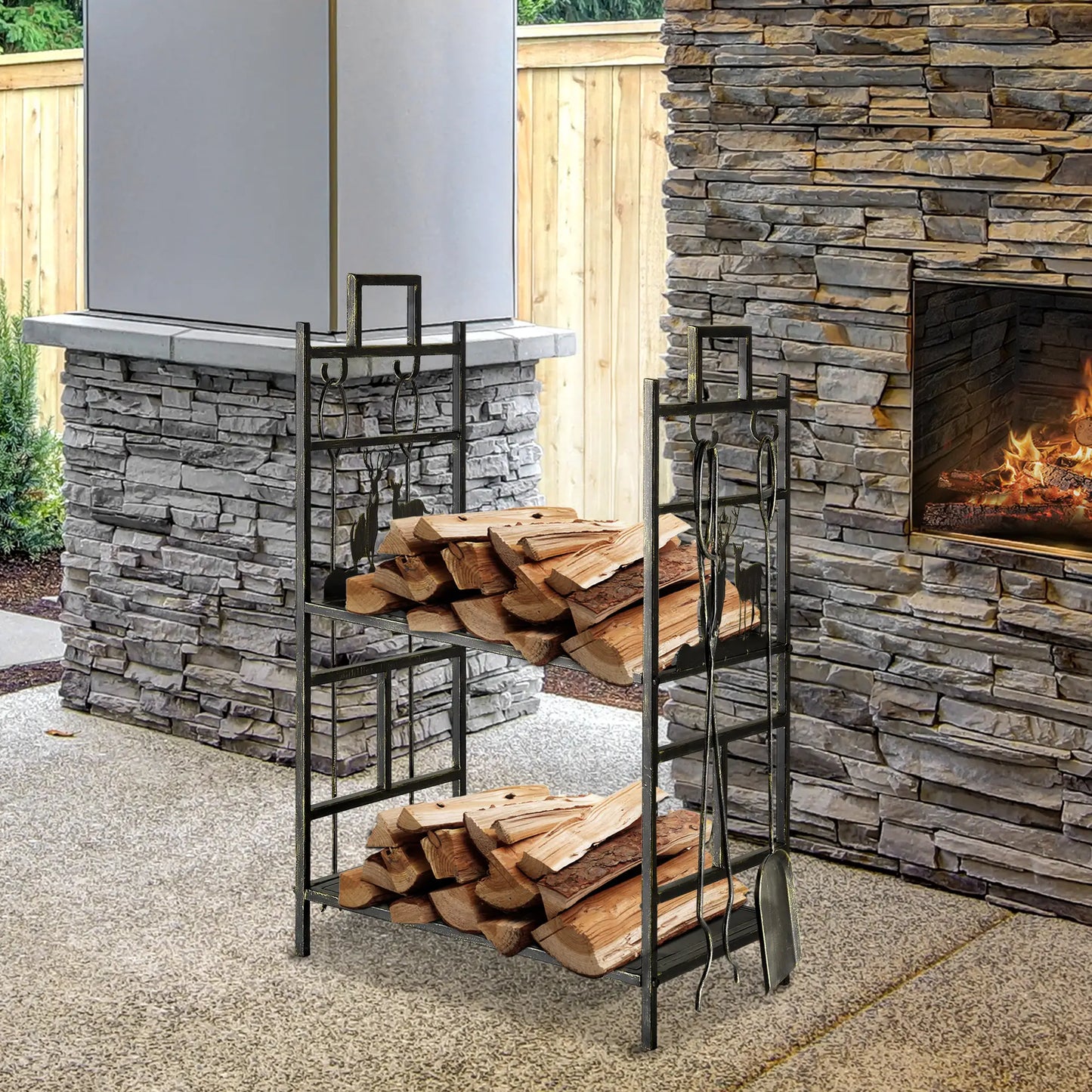 2-Layer Heavy Duty Firewood Rack, 4 Tools, Black and Gold Firewood Racks at Gallery Canada