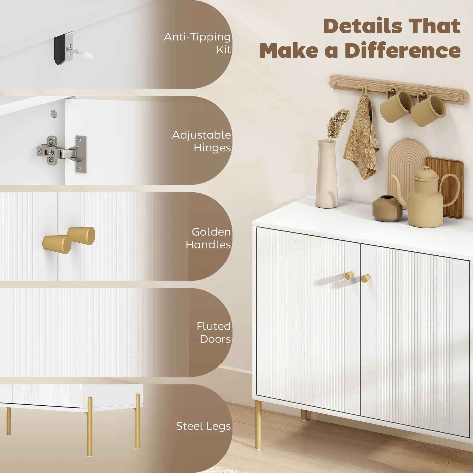 Sideboard, Modern Buffet Cabinet, Fluted Doors, Adjustable Shelf, White Storage Cabinets at Gallery Canada