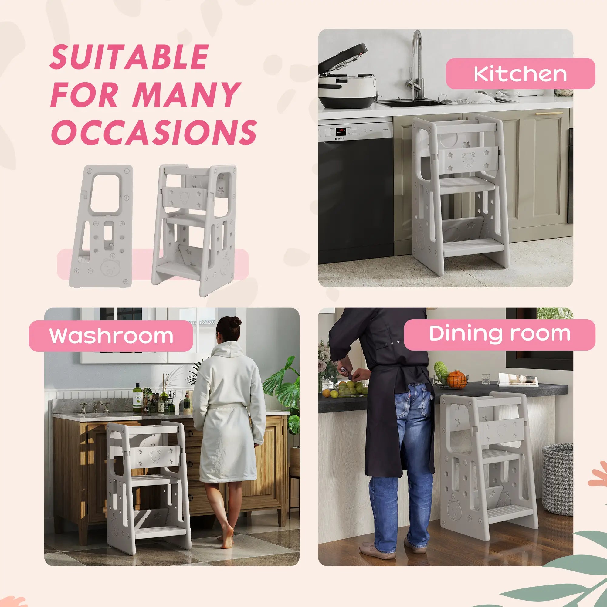 Toddler Kitchen Helper Stool, Adjustable Height, Safety Rail, Grey Toddler & Kids Step Stools at Gallery Canada