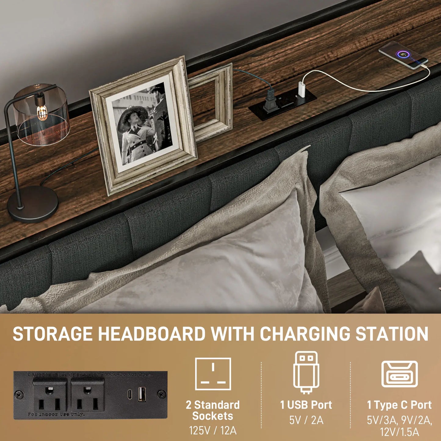 Full Size Bed Frame with Charging Station, Upholstered Headboard, Storage Shelf, Walnut Bed Frames at Gallery Canada