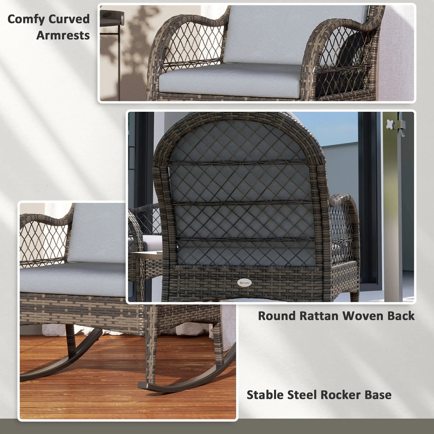 2 Wicker Rocking Patio Chairs, Indoor Outdoor Set with Cushions, Grey Outdoor Rocking Chairs at Gallery Canada