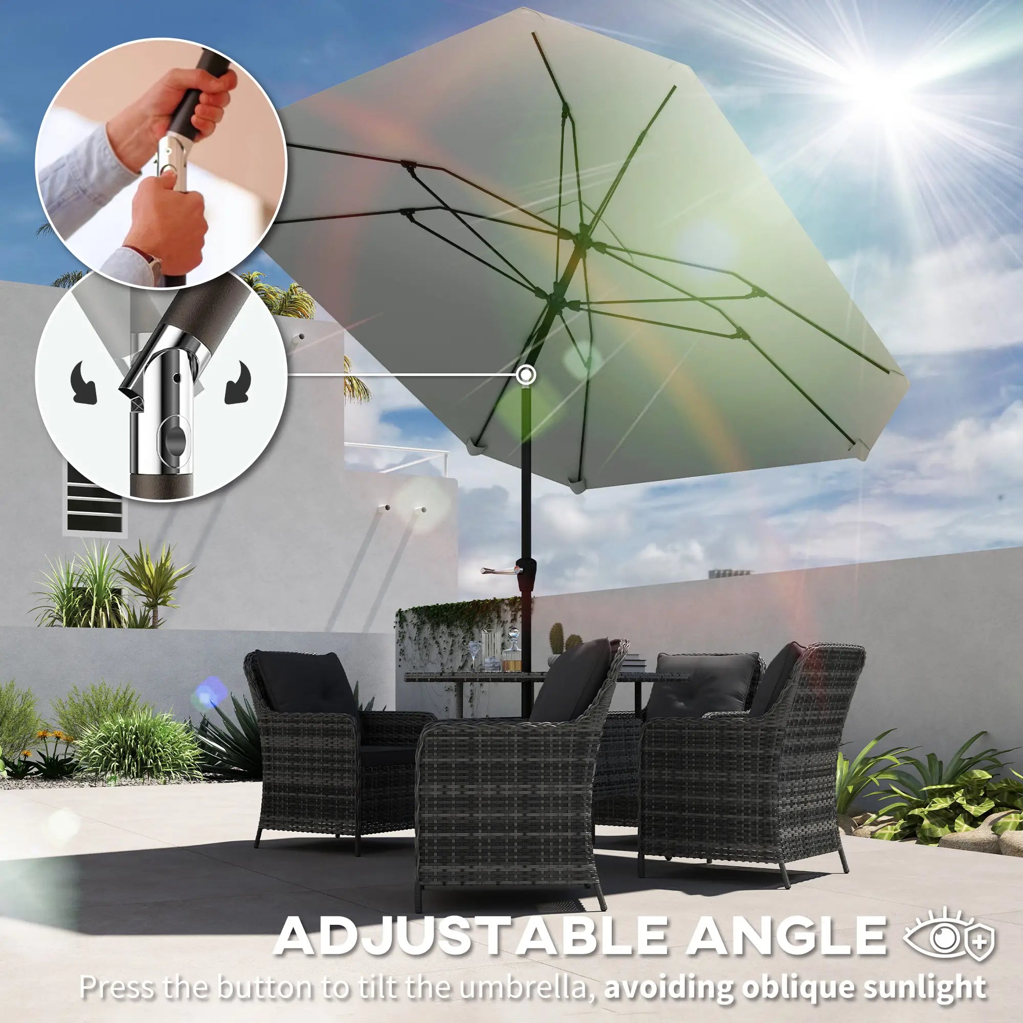 7.6FT Aluminum Patio Umbrella, 8 Ribs, Crank Tilt, Light Grey Sun Umbrellas at Gallery Canada