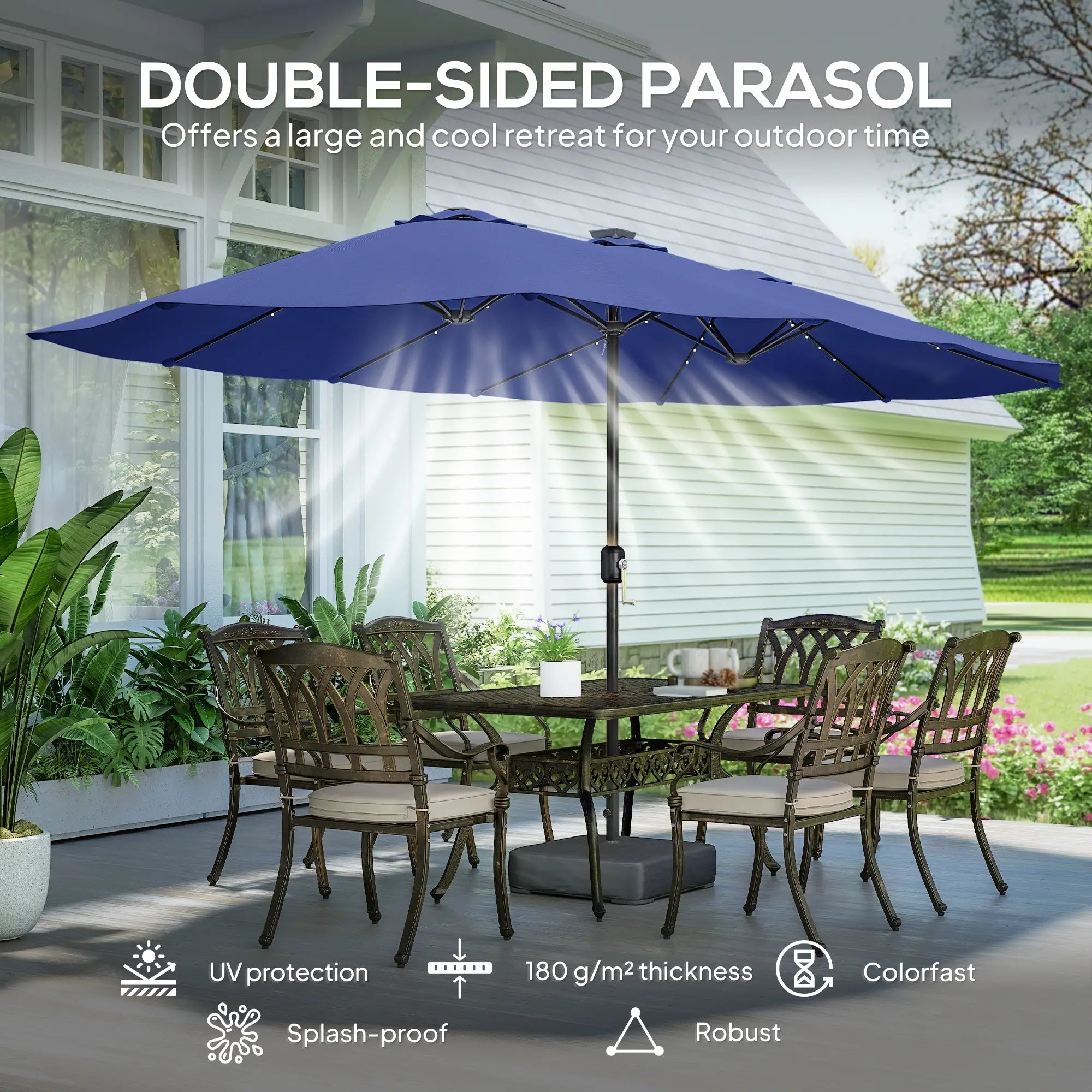 Double-Sided Patio Umbrella, 15ft, 48 LED Lights, Base Included, Dark Blue Double-sided Umbrellas at Gallery Canada