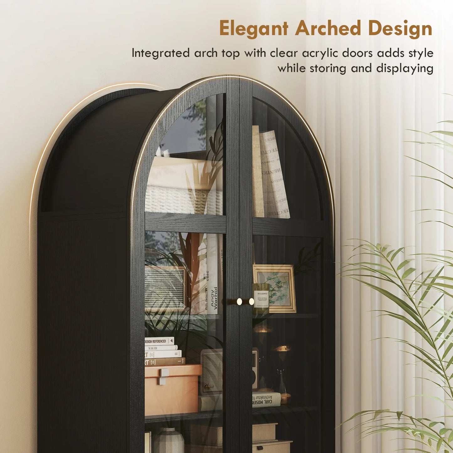 Arched Kitchen Pantry Cabinet, 71" Tall, Adjustable Shelves, Acrylic Doors, Black Kitchen Pantry Cabinets at Gallery Canada