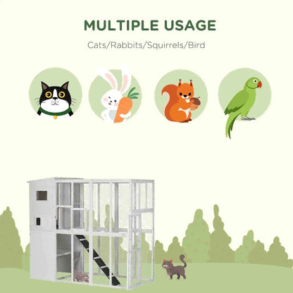 68.7" H Large Wooden Outdoor Cat House with Run, Catio, Condo, White Outdoor Cat Enclosures at Gallery Canada