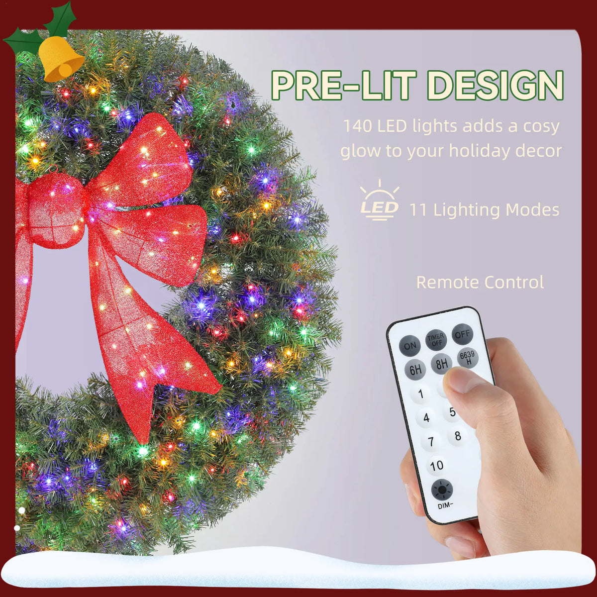 36in Pre-Lit Christmas Wreath, 3D Red Bow, 11 Lighting Modes, Remote, Red Christmas Wreaths at Gallery Canada