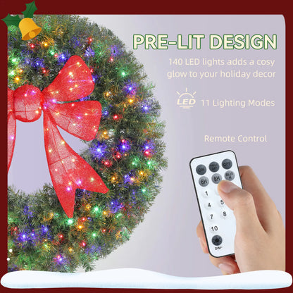 36in Pre-Lit Christmas Wreath, 3D Red Bow, 11 Lighting Modes, Remote, Red Christmas Wreaths at Gallery Canada