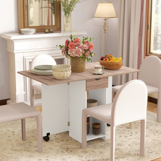 Folding Dining Table with Storage, Drop Leaf Kitchen Table with Drawer and Shelves for Small Spaces, Oak - Gallery Canada