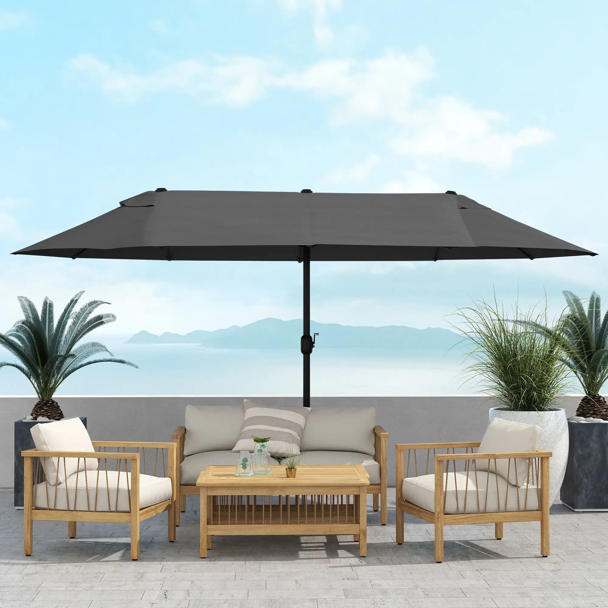 15ft Double-Sided Sun Umbrella, Twin Canopy, Crank, Black Sun Umbrellas at Gallery Canada