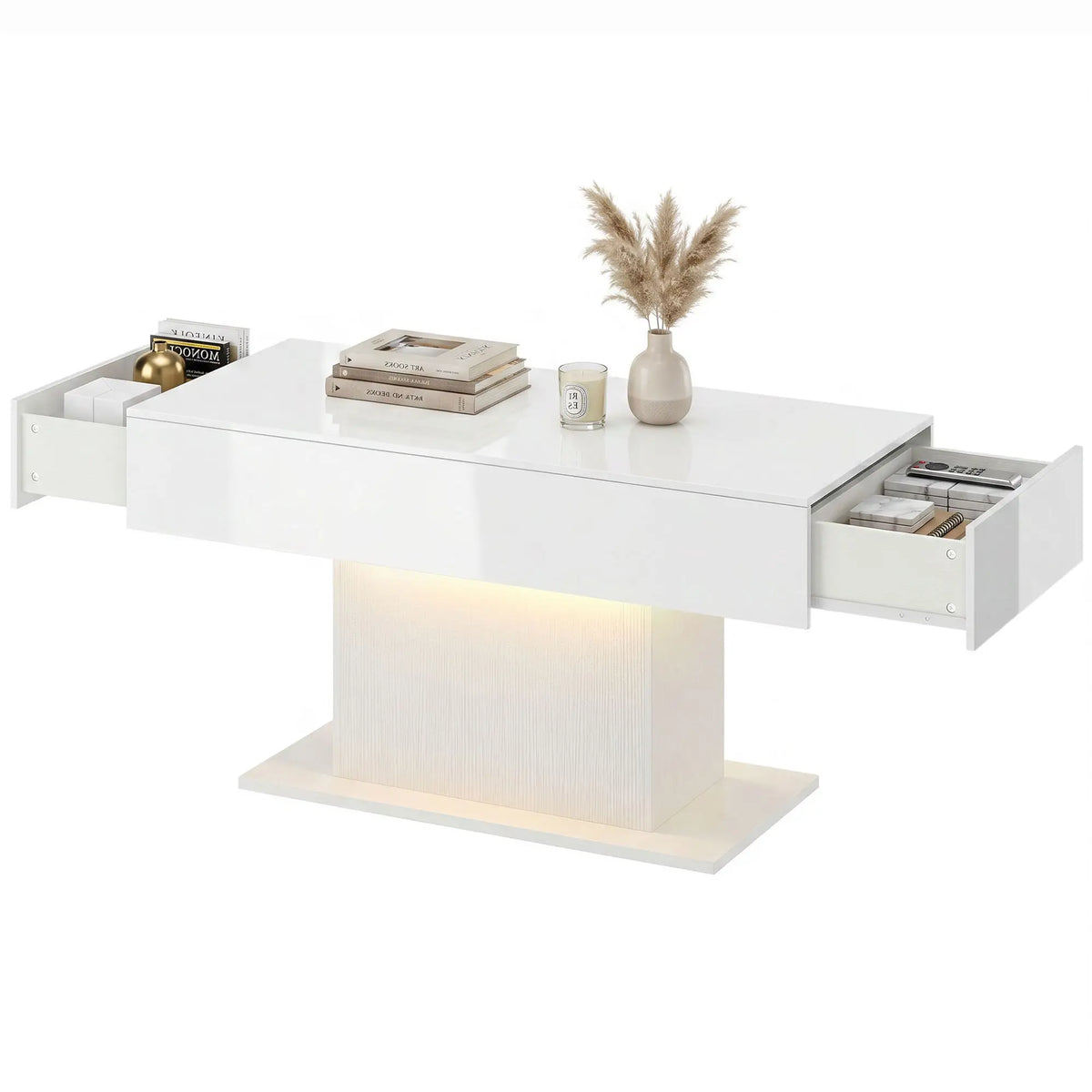 LED Coffee Table with Storage, High Gloss Modern Center Table with 2 Drawers and Remote Control for Living Room, White Coffee Tables White, High Gloss White at Gallery Canada