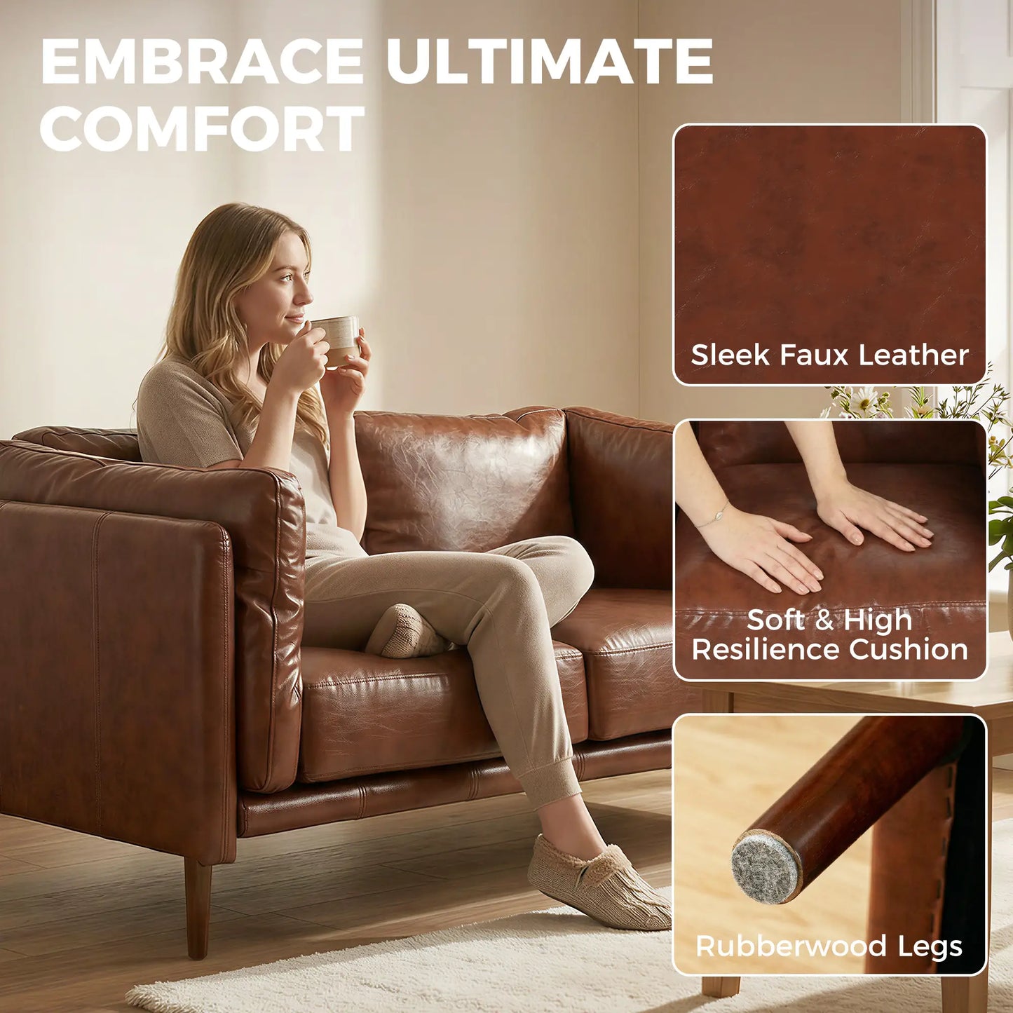 59" Loveseat Sofa, PU Leather 2 Seater with Wide Seat, Brown 2-Seater Sofas at Gallery Canada