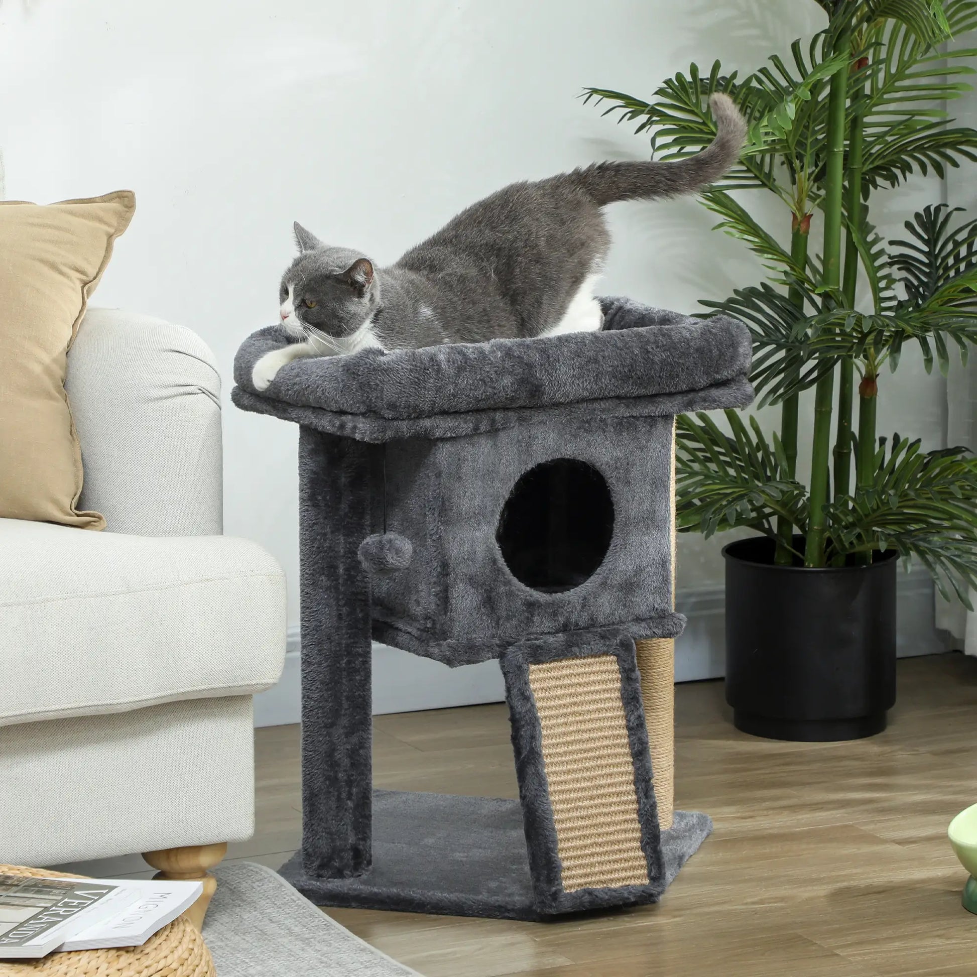 Small Cat Tree Tower with Perch, Scratching Post, Condo, Toy Ball, Dark Grey Cat Trees at Gallery Canada