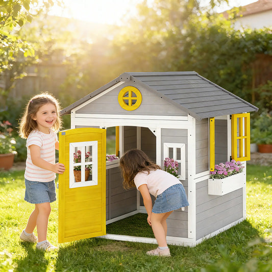 Wooden Playhouse For Kids, With Door, Windows, Planter Pots, Grey Play Houses Grey, Yellow, White at Gallery Canada