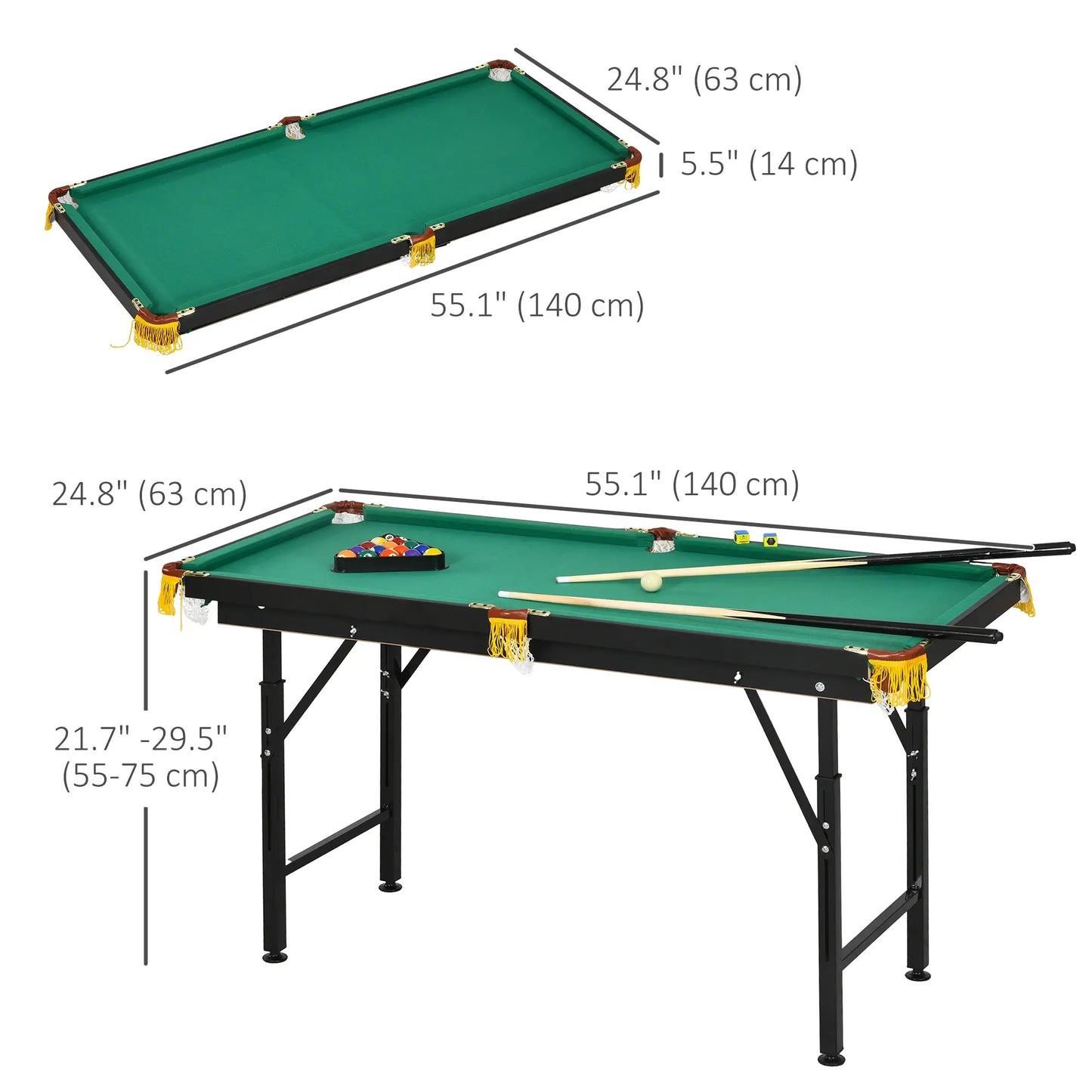 55 Folding Pool Table Set, Adjustable Height, 2 Cues, 16 Balls, Green Game Tables at Gallery Canada