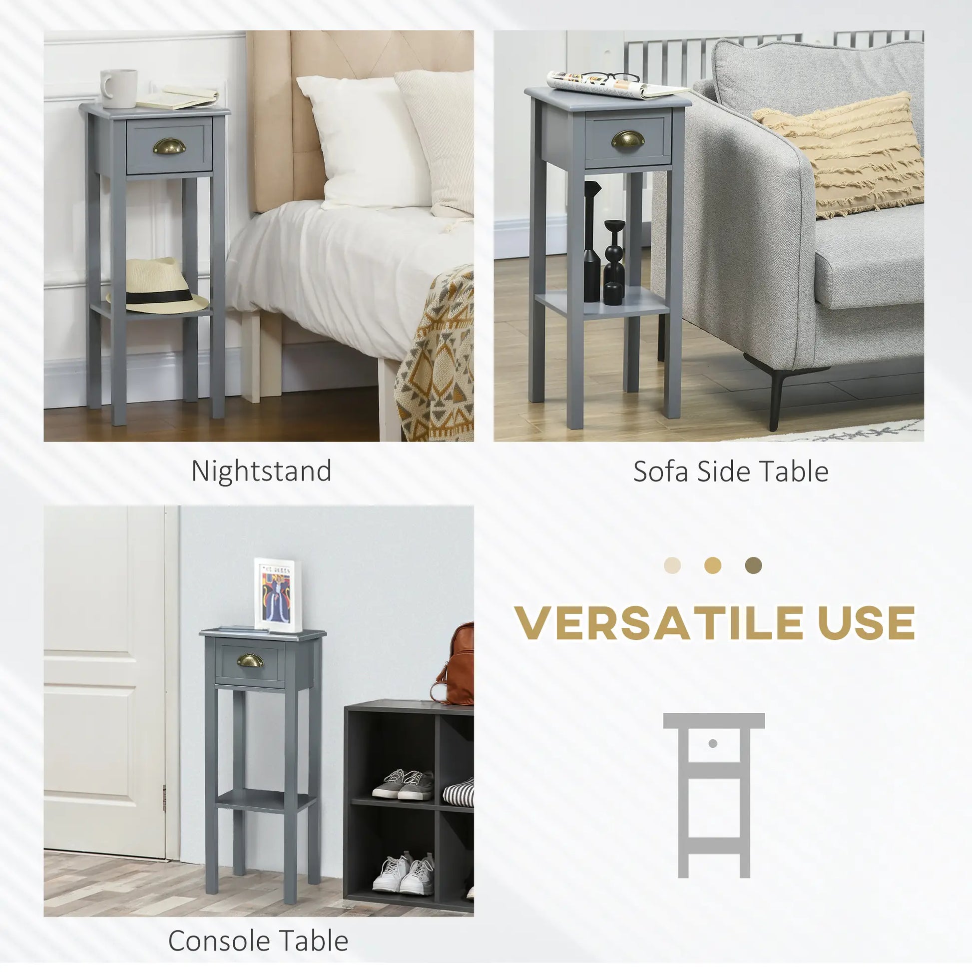 Narrow Side Table Set of 2, 2 Tier with Drawer, Shelf, Grey Side Tables at Gallery Canada