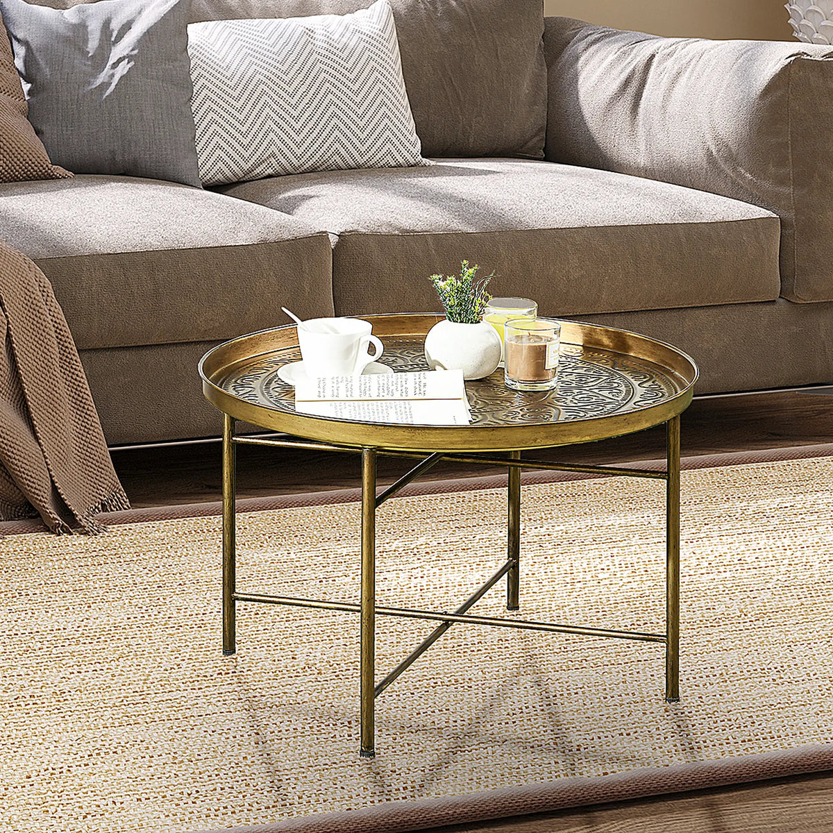 Table Basse Vintage, 24" Ronde, Plateau Martelé, Cadre Métallique, Doré