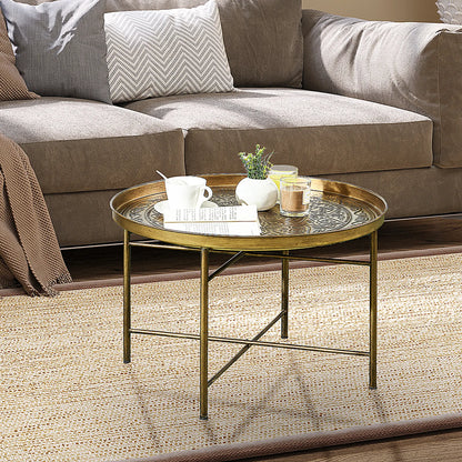 Table Basse Vintage, 24" Ronde, Plateau Martelé, Cadre Métallique, Doré